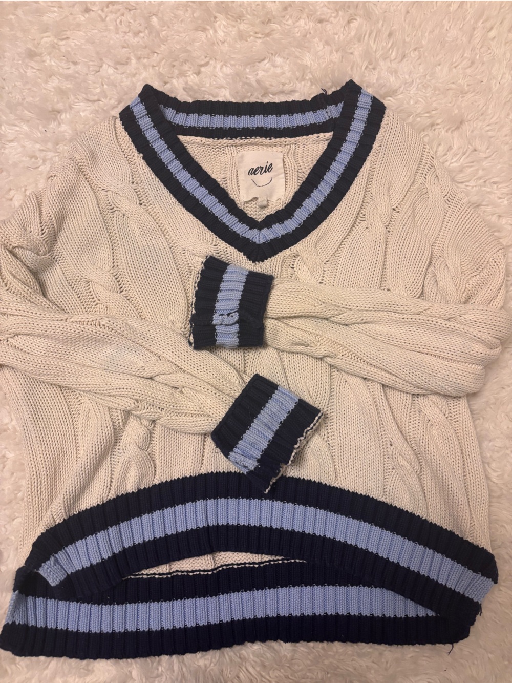 aerie Cream Cable Knit V-Neck Sweater with Navy & Light Blue Stripes